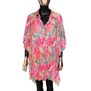Fantastic Fawn Floral Pleated Shirt Dress / Swim Cover-Up Pink Multicolor Size M